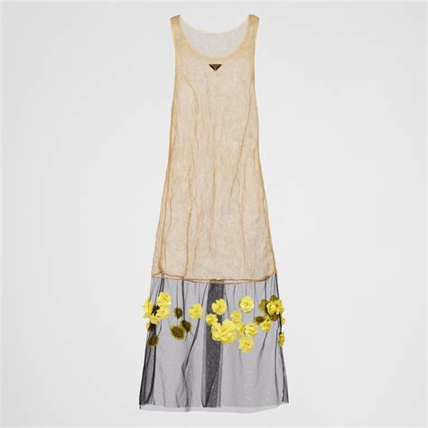 prada metal dress|Brass/yellow Embroidered mesh dress .